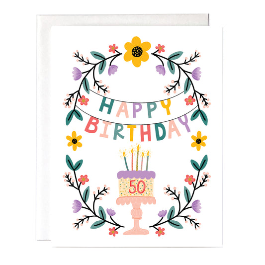 50th Birthday Card with beautiful floral design and birthday cake. Size A2 greeting card (4.25" x 5.5") with envelope, blank Inside. All cards are designed and Illustrated with love by me, Anna Fox, and are printed at my friendly neighborhood print shop in Denver, CO.