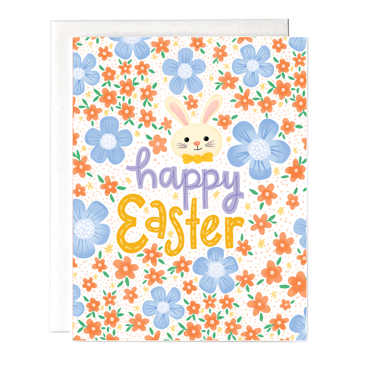 happy easter card with lots of flowers and a cute bunny.