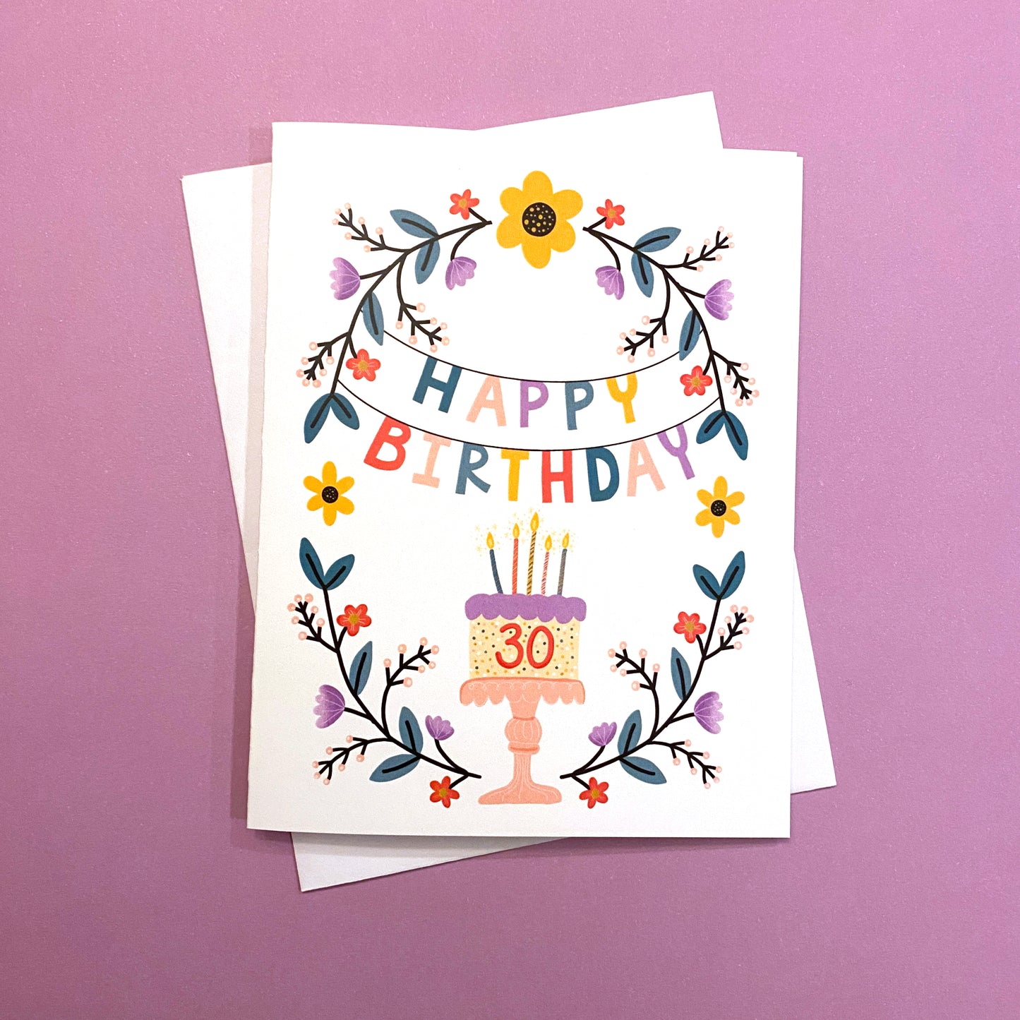30th birthday greeting card with flowers and cake.