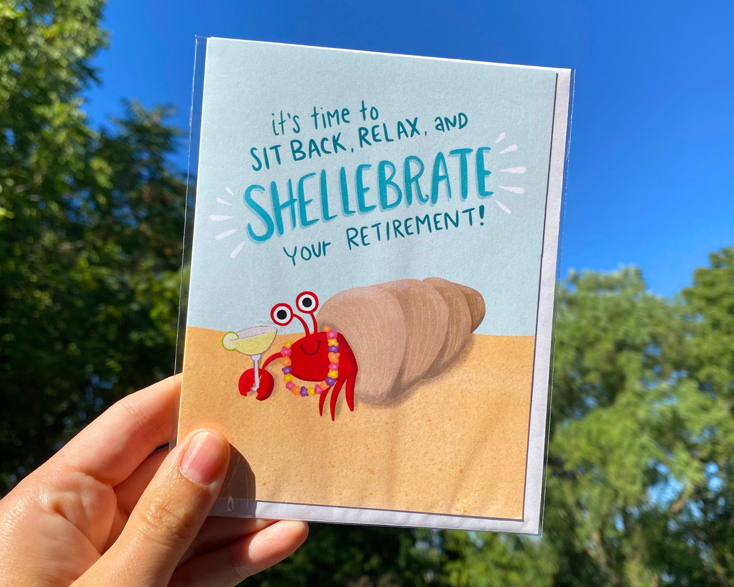 Tropical Crab Retirement Card that says "it's time to site back, relax and shellebrate your retirement!