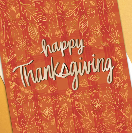 Thanksgiving Greeting Card with gold pumpkins and fall leaves on an ornage and red plaid background