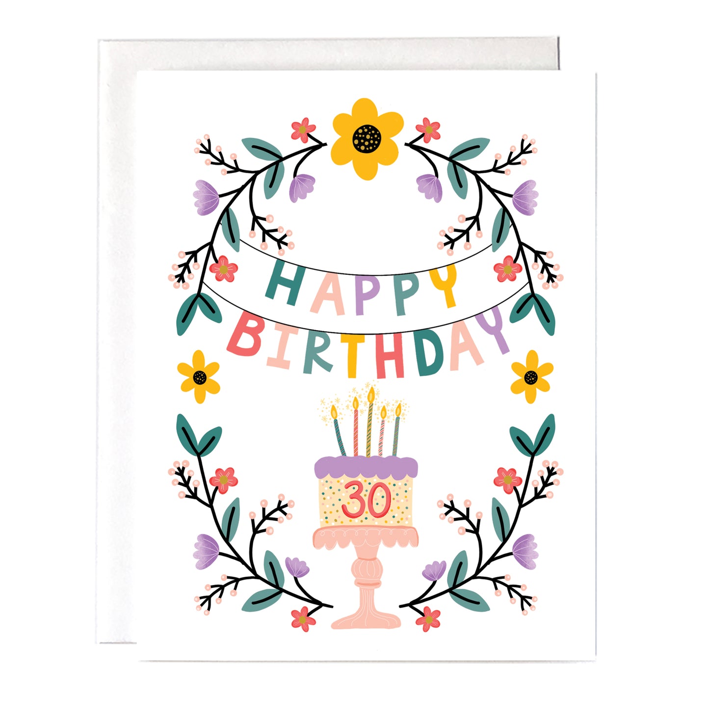 happy 30th birthday greeting card with cake and flowers
