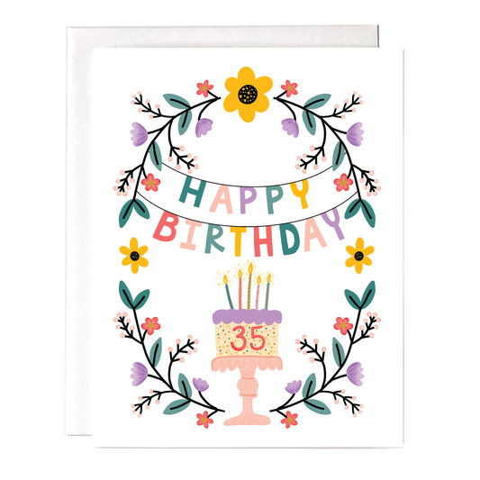 35th birthday greeting card with cake and flowers