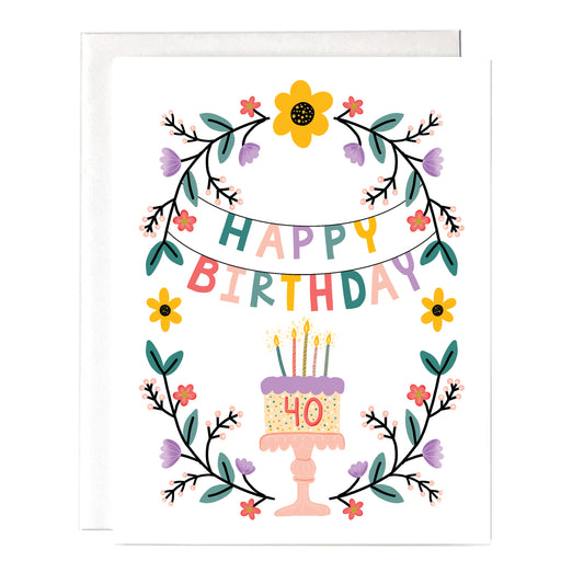 40th Birthday Card with beautiful floral design and birthday cake. Size A2 greeting card (4.25" x 5.5") with envelope, blank Inside. All cards are designed and Illustrated with love by me, Anna Fox, and are printed at my friendly neighborhood print shop in Denver, CO.