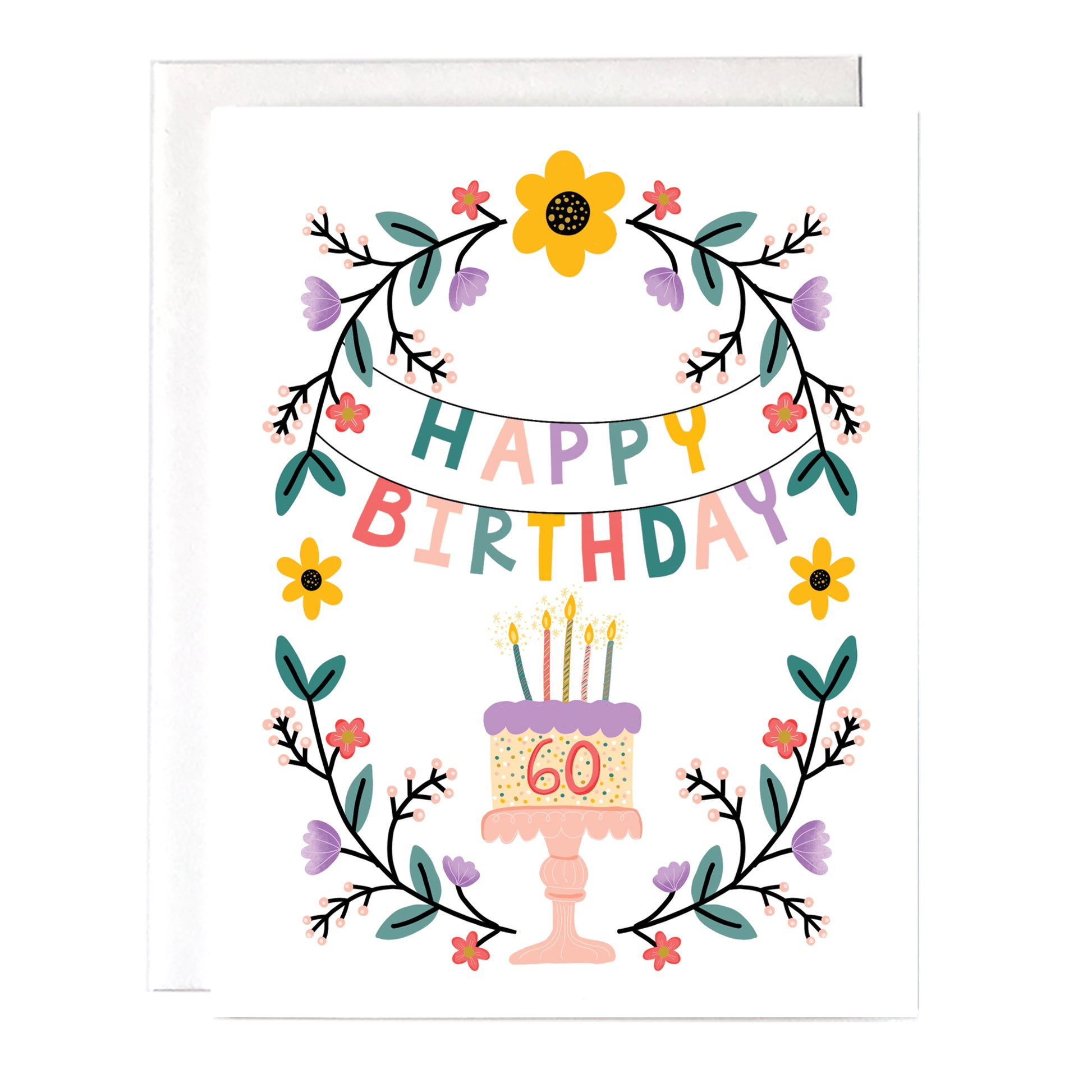 60th Birthday Card with beautiful floral design and birthday cake. Size A2 greeting card (4.25" x 5.5") with envelope, blank Inside. All cards are designed and Illustrated with love by me, Anna Fox, and are printed at my friendly neighborhood print shop in Denver, CO.