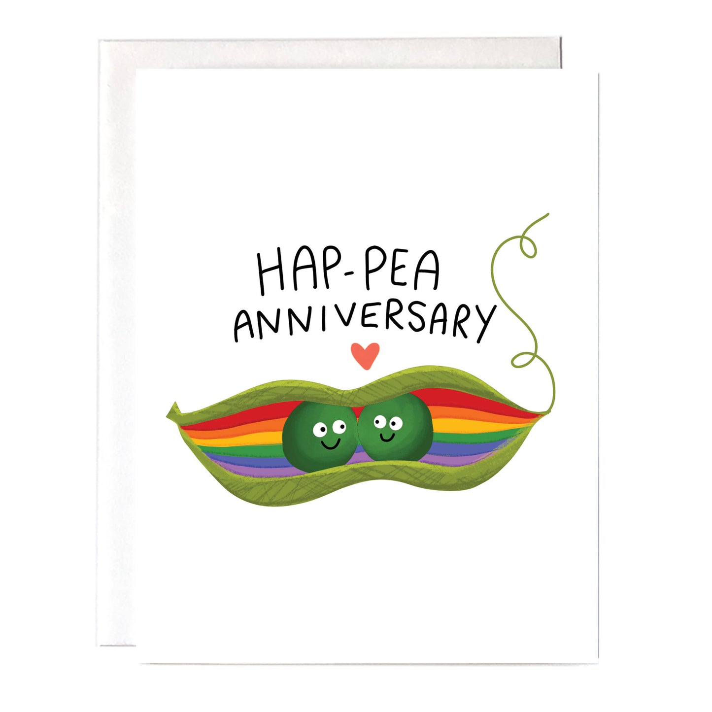 An anniversary card for an LGBTQ+ couple that has two cute peas in a rainbow pea pod. The cards has the pun "Hap-pea Anniversary"> Size A2 greeting card with a blank inside and white envelope.