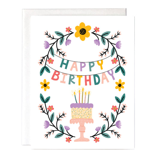 Birthday Card with beautiful floral design and birthday cake. Size A2 greeting card (4.25" x 5.5") with envelope, blank Inside. All cards are designed and Illustrated with love by me, Anna Fox, and are printed at my friendly neighborhood print shop in Denver, CO.