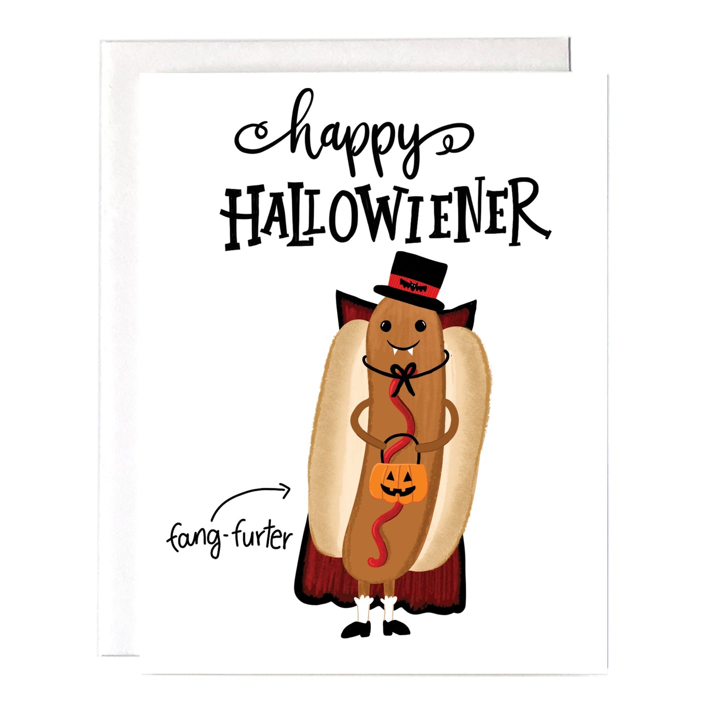 A cute halloween greeting card with a hot dog dressed up in a vampire costume. It reads “Happy Hallowiener” and then at the bottom it says “fangfurter”. Size A2 greeting card, blank inside with white envelope.