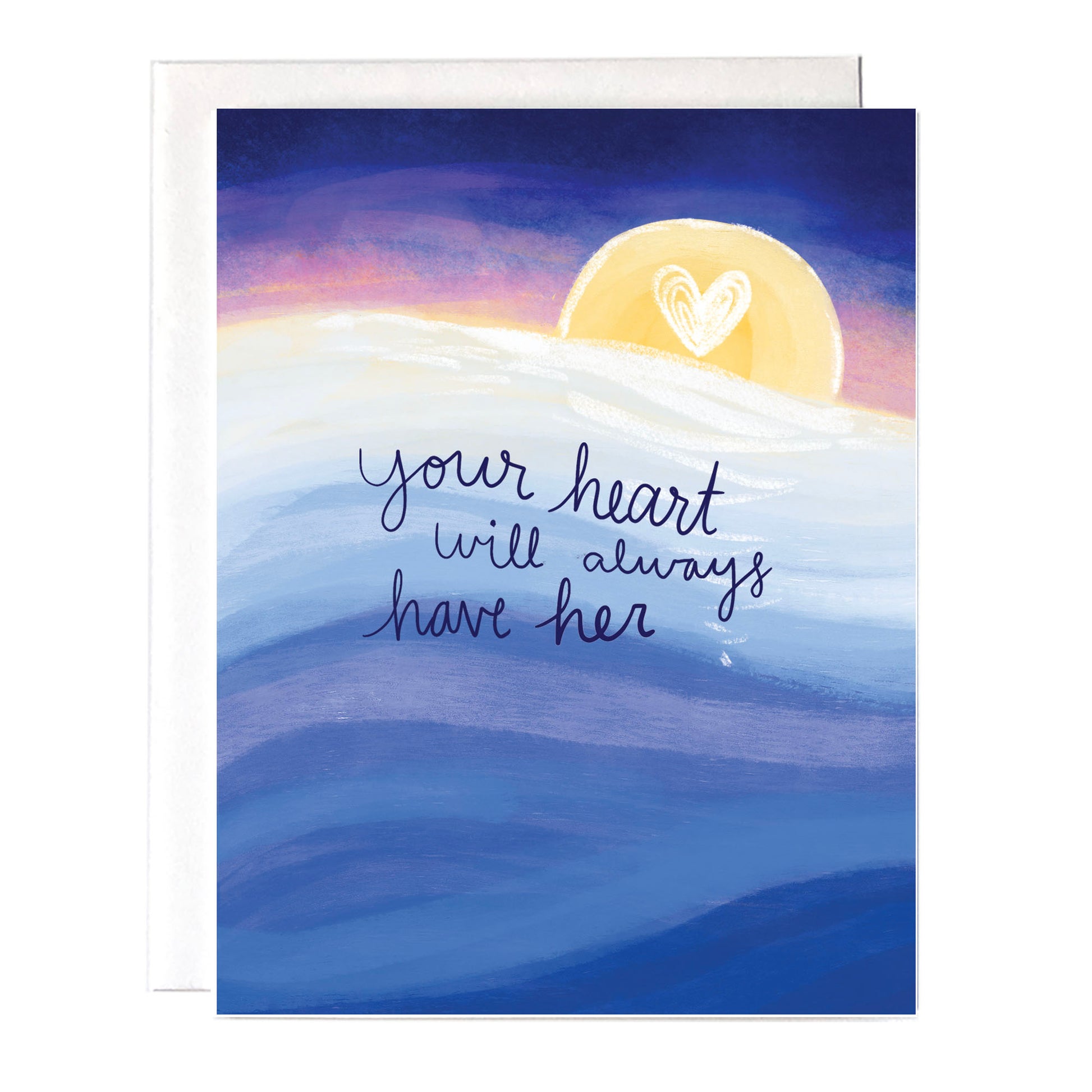 Sympathy card that has a calm ocean and sunset and it says "your heart will always have her".