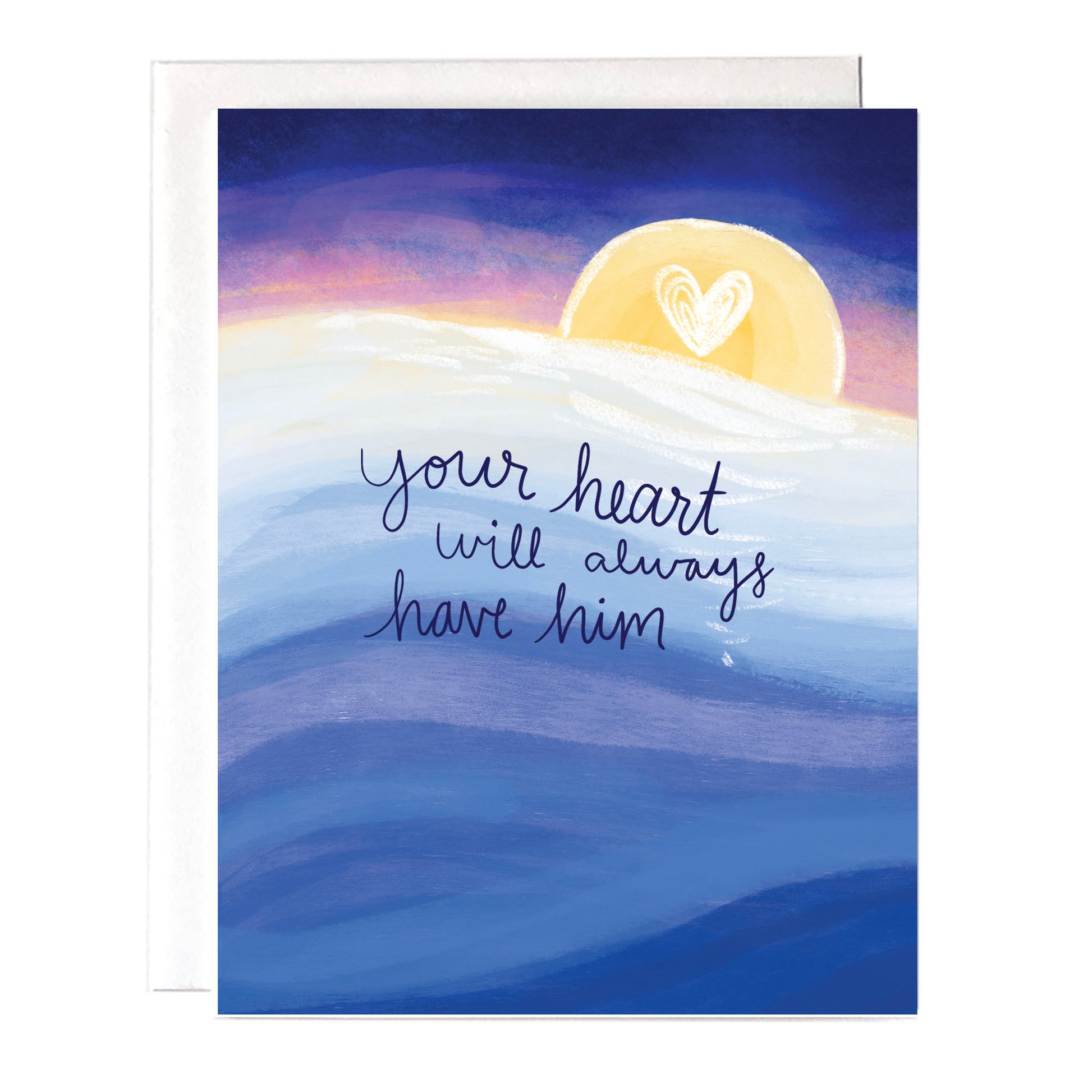 Sympathy card that has a calm ocean and sunset and it says "your heart will always have him".