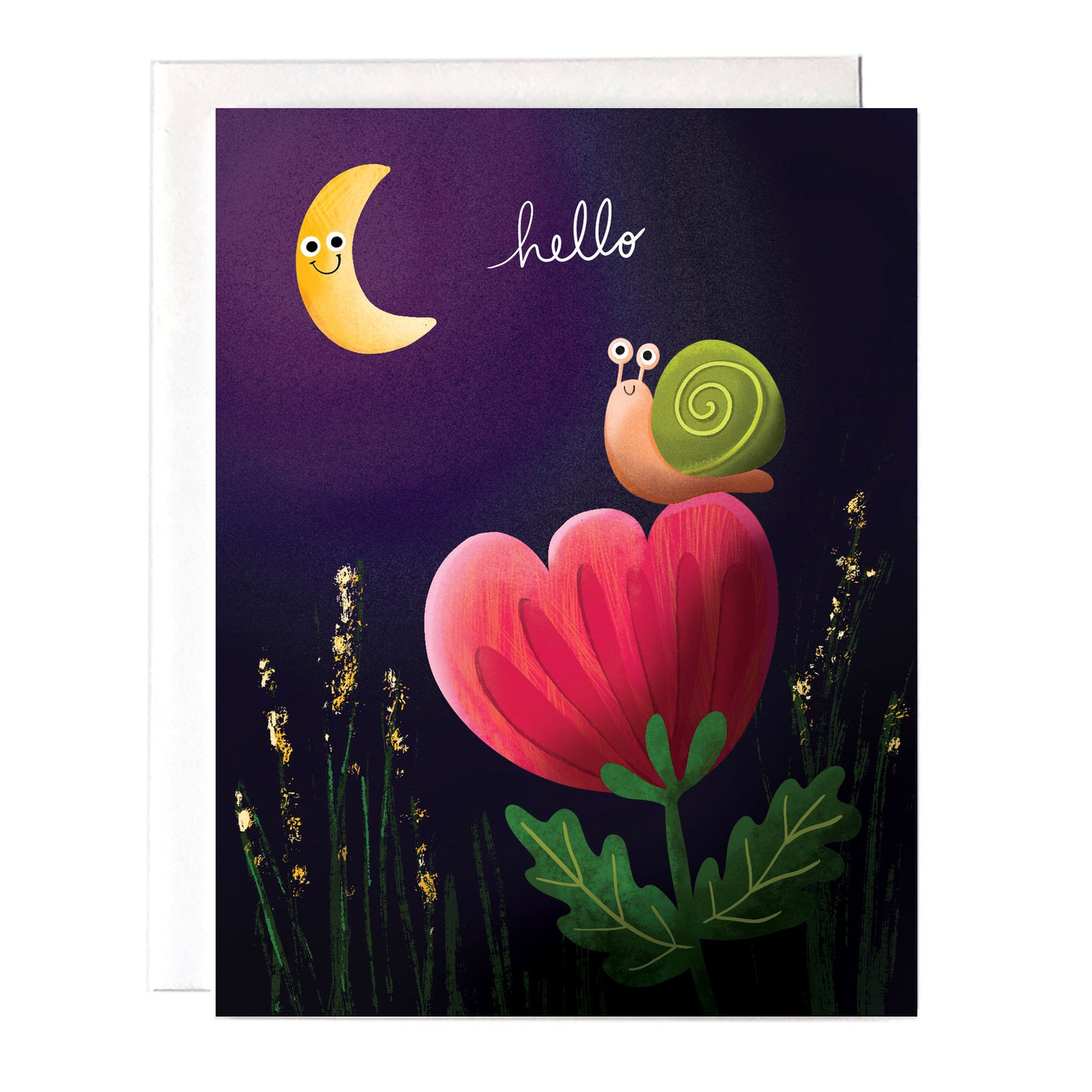 An adorable greeting card with a happy snail who is smiling at the moon while sitting on a flower. Perfect way to say hello!