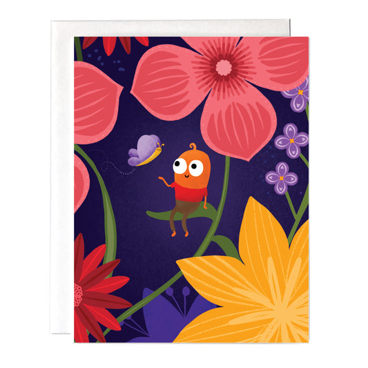 a cute just because card with flowers and a small little guy sitting on a leaf with a butterfly friend. 