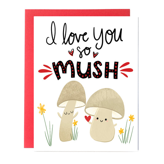 These cute mushrooms are the perfect way to say I love you for Valentines day or anniversary! Size A2 greeting card (4.25" x 5.5") with envelope- Blank Inside. All cards are designed and Illustrated by Anna Fox, and are printed in Denver, CO.