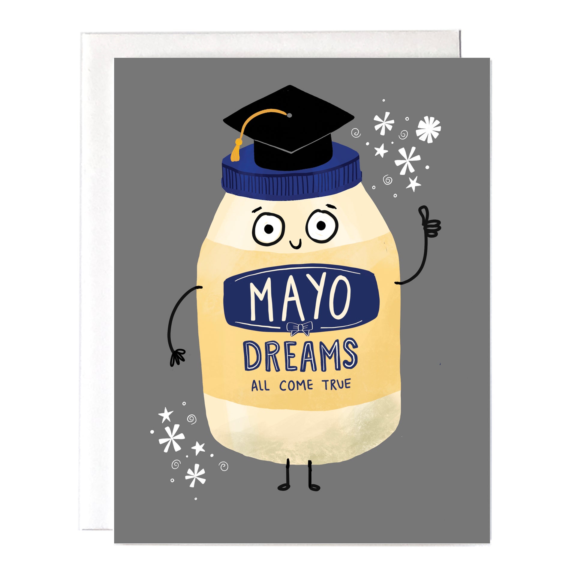 This cute mayo jar is a great way to send congrats to someone who just graduated! Size A2 greeting card (4.25" x 5.5") with envelope, blank Inside. All cards are designed and Illustrated with love by me, Anna Fox, and are printed in Denver, CO.