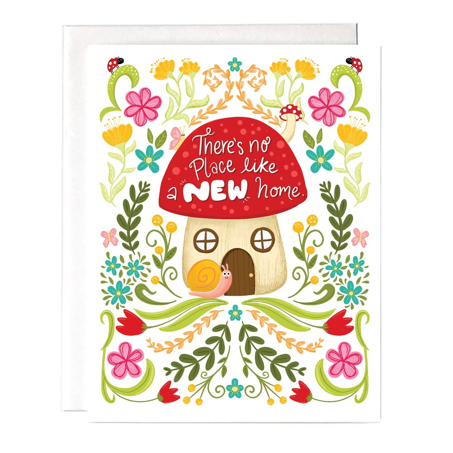 Mushroom house with a beautiful symmetrical flower designs to congratulate someone on their new home. It reads “there’s no place like a new home”. Size a2 greeting card, blank inside with white envelope.