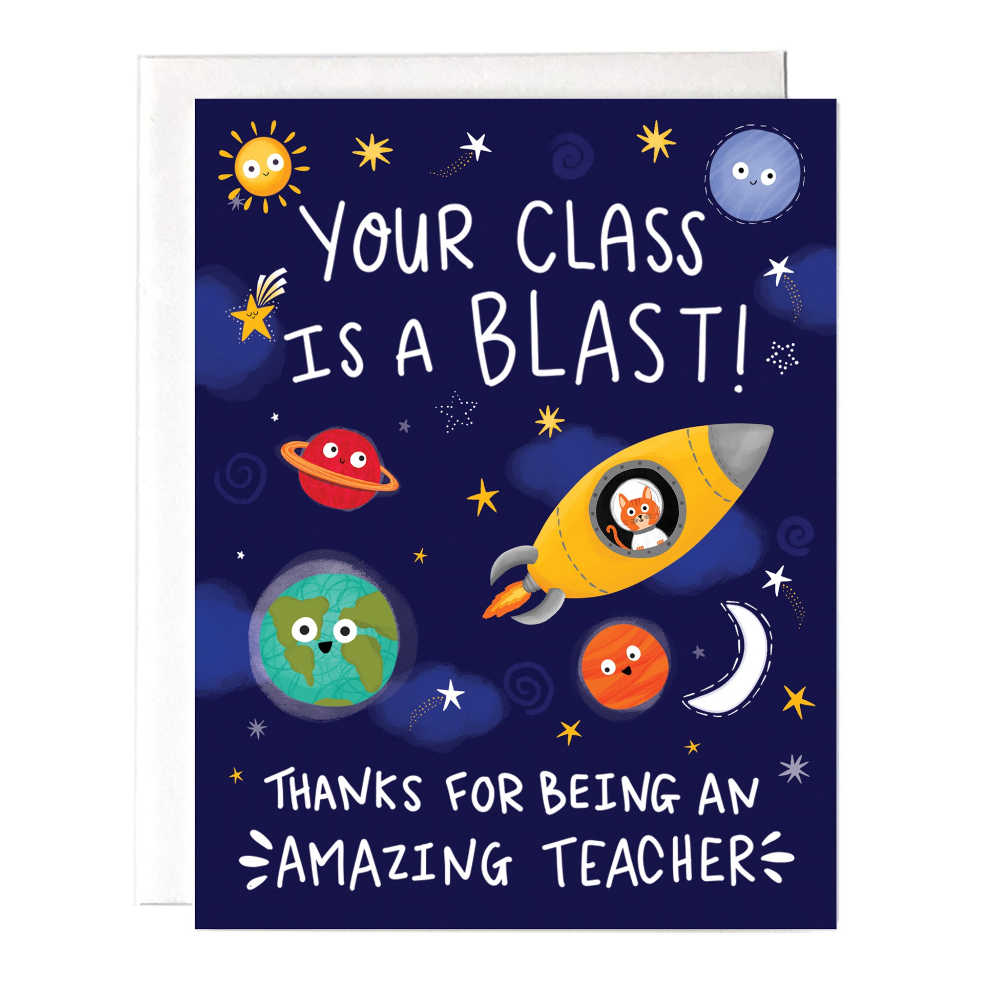 Give your teacher this thank you card to show your appreciation for everything they do! Size A2 greeting card (4.25" x 5.5") with envelope, blank Inside, Premium 120lb thick card stock. All cards are designed and Illustrated with love by me, Anna Fox, and are printed at my friendly neighborhood print shop in Denver, CO.