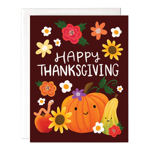 Cute Flowers and Pumpkins Thanksgiving Card