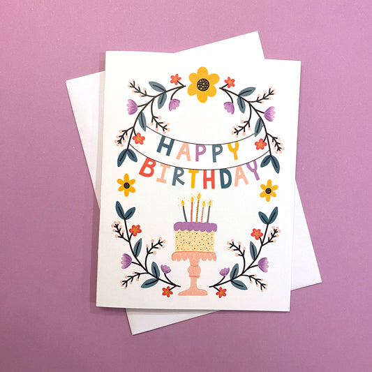 Birthday Card with beautiful floral design and birthday cake. Size A2 greeting card (4.25" x 5.5") with envelope, blank Inside. All cards are designed and Illustrated with love by me, Anna Fox, and are printed at my friendly neighborhood print shop in Denver, CO.