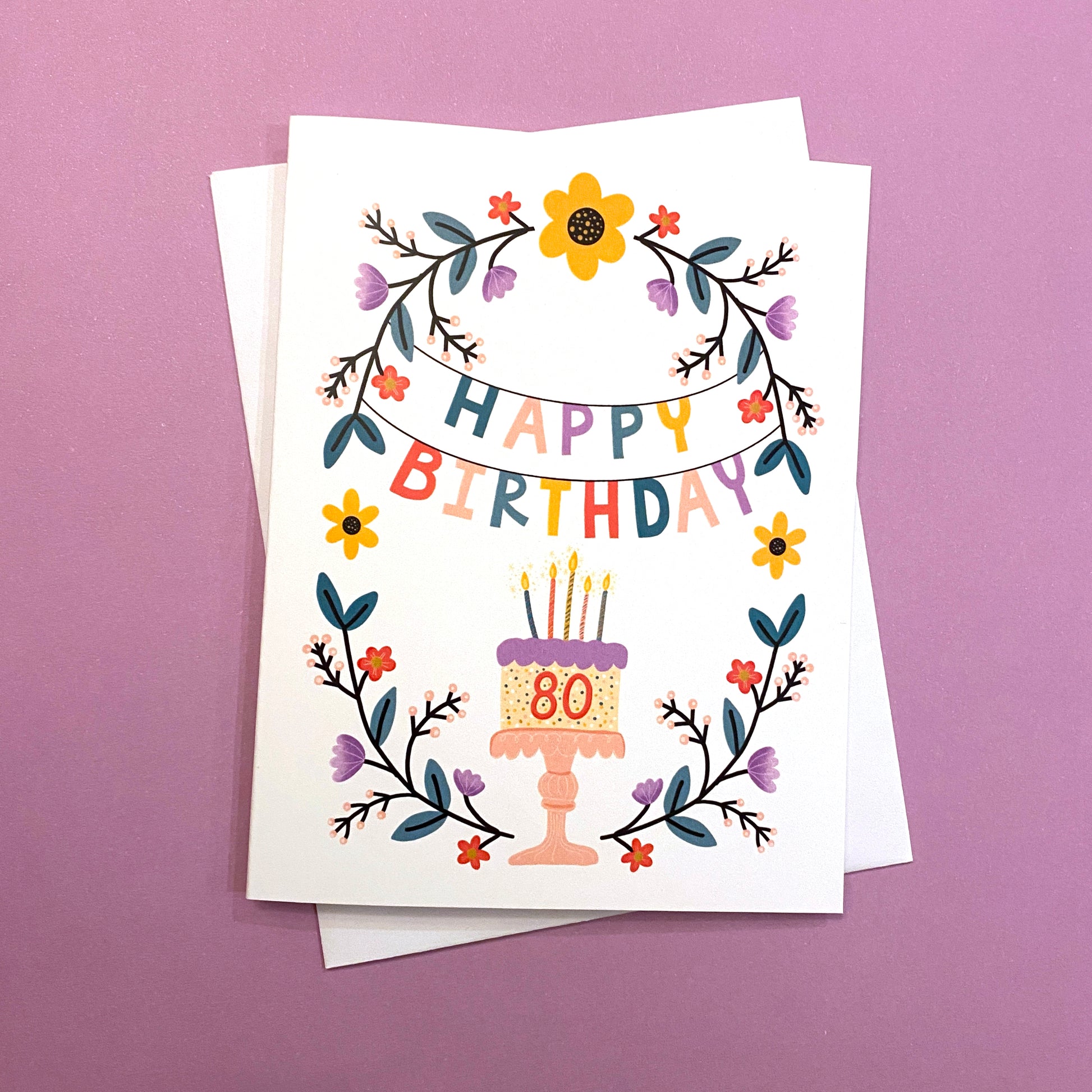 80th Birthday Card with beautiful floral design and birthday cake. Size A2 greeting card (4.25" x 5.5") with envelope, blank Inside. All cards are designed and Illustrated with love by me, Anna Fox, and are printed at my friendly neighborhood print shop in Denver, CO.