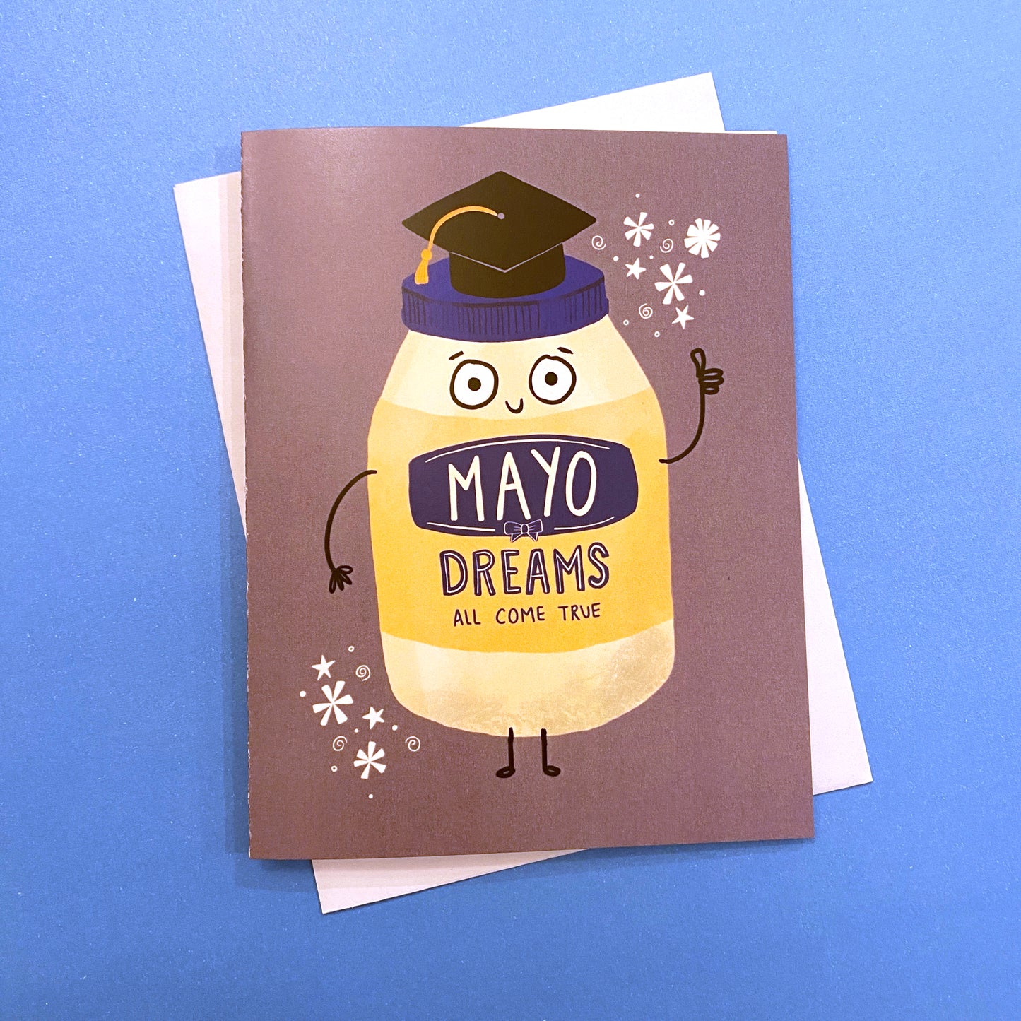 This cute mayo jar is a great way to send congrats to someone who just graduated! Size A2 greeting card (4.25" x 5.5") with envelope, blank Inside. All cards are designed and Illustrated with love by me, Anna Fox, and are printed in Denver, CO.
