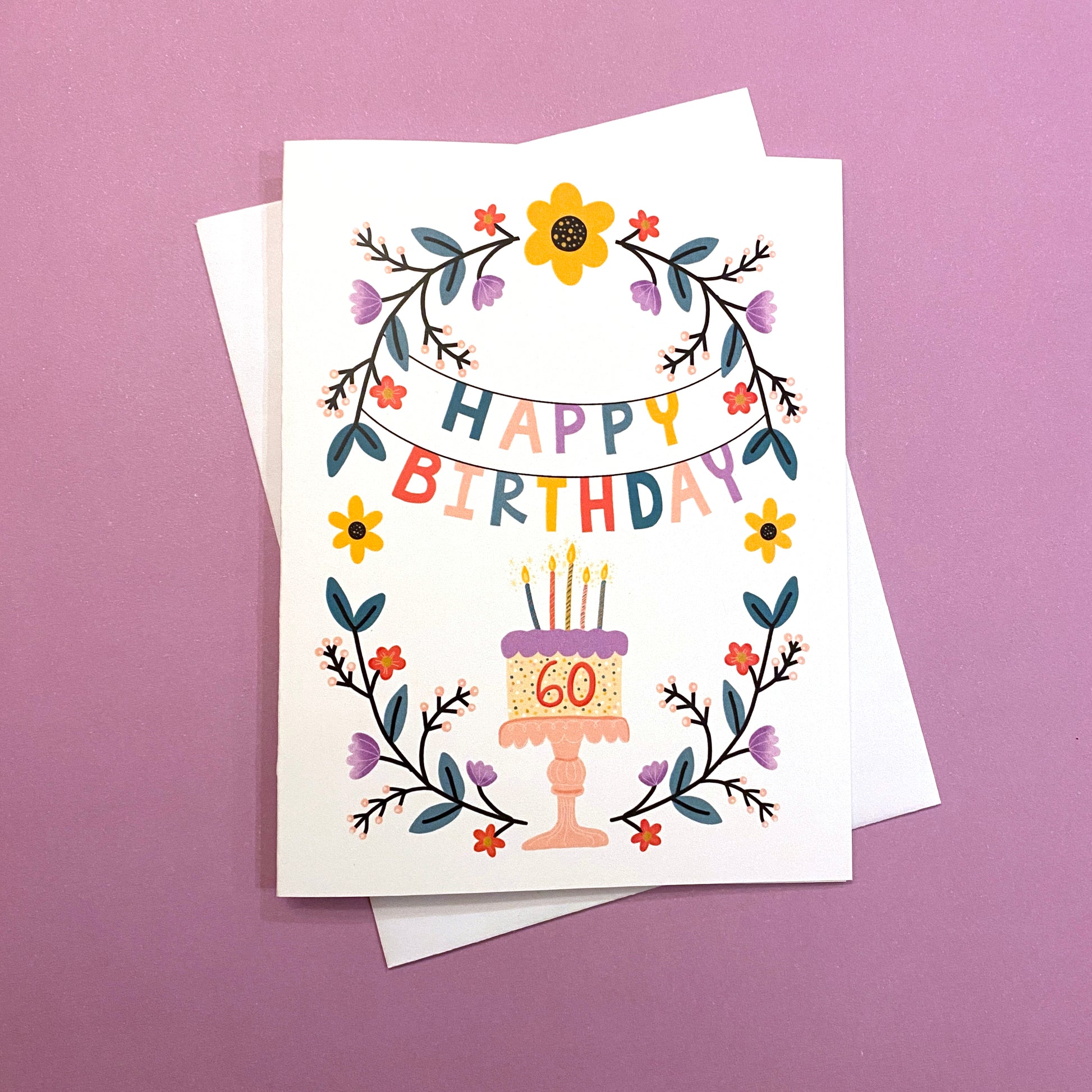 60th Birthday Card with beautiful floral design and birthday cake. Size A2 greeting card (4.25" x 5.5") with envelope, blank Inside. All cards are designed and Illustrated with love by me, Anna Fox, and are printed at my friendly neighborhood print shop in Denver, CO.
