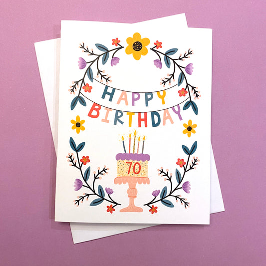 70th Birthday Card with beautiful floral design and birthday cake. Size A2 greeting card (4.25" x 5.5") with envelope, blank Inside. All cards are designed and Illustrated with love by me, Anna Fox, and are printed at my friendly neighborhood print shop in Denver, CO.