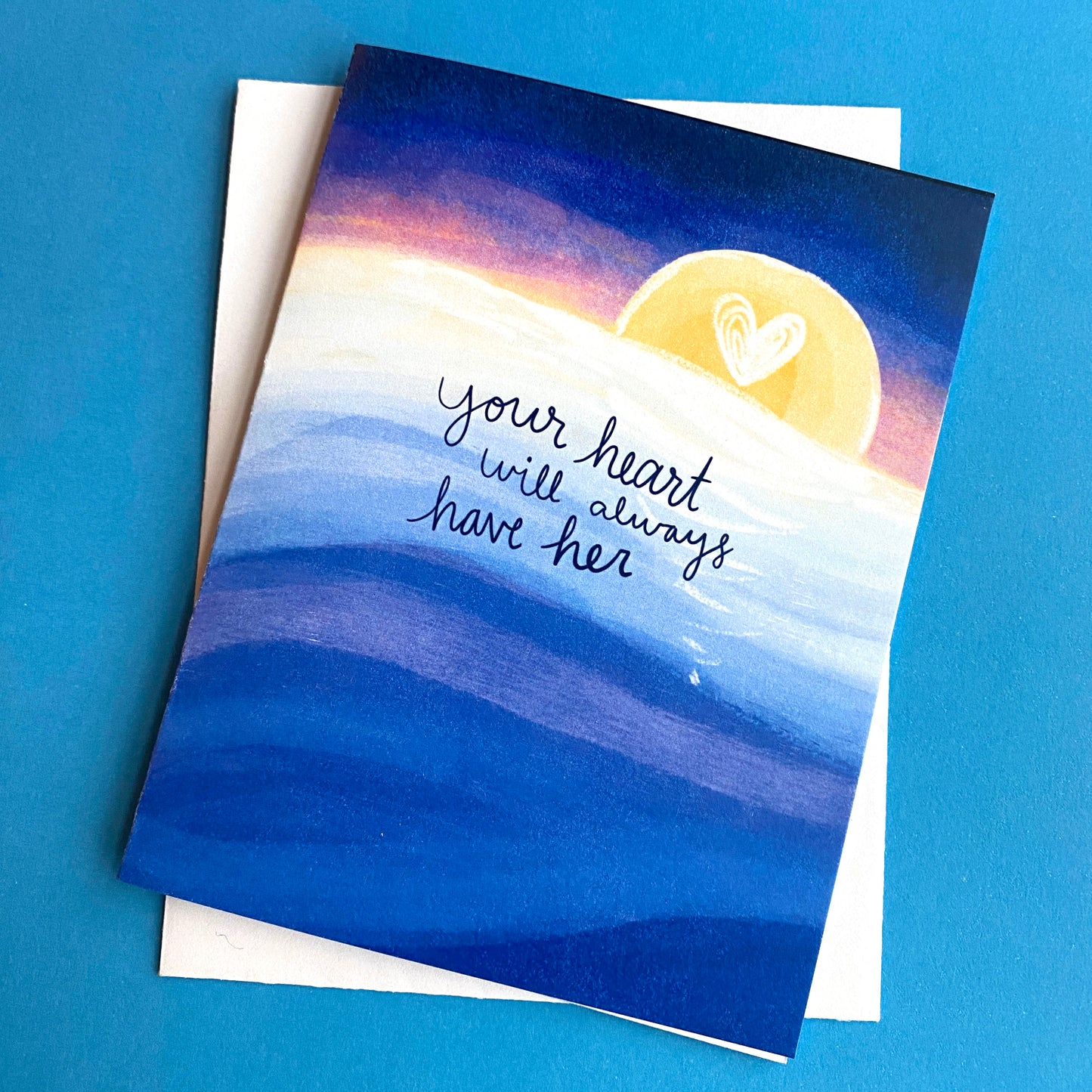 Sympathy card that has a calm ocean and sunset and it says "your heart will always have her".