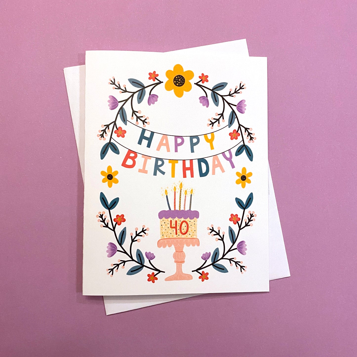 40th Birthday Card with beautiful floral design and birthday cake. Size A2 greeting card (4.25" x 5.5") with envelope, blank Inside. All cards are designed and Illustrated with love by me, Anna Fox, and are printed at my friendly neighborhood print shop in Denver, CO.