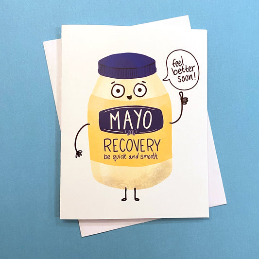 This cute mayo jar is a great way to send get well soon wishes to someone who is recovering from an illness or surgery. Size A2 greeting card (4.25" x 5.5") with envelope, blank Inside. All cards are designed and Illustrated with love by me, Anna Fox, and are printed in Denver, CO.