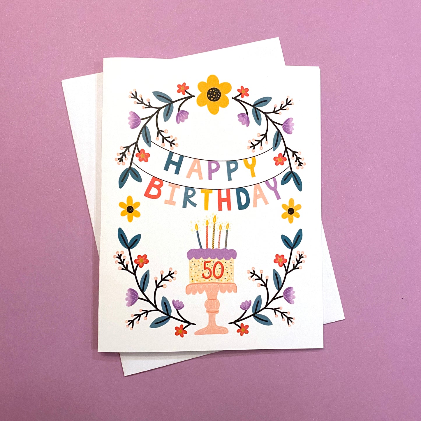 50th Birthday Card with beautiful floral design and birthday cake. Size A2 greeting card (4.25" x 5.5") with envelope, blank Inside. All cards are designed and Illustrated with love by me, Anna Fox, and are printed at my friendly neighborhood print shop in Denver, CO.