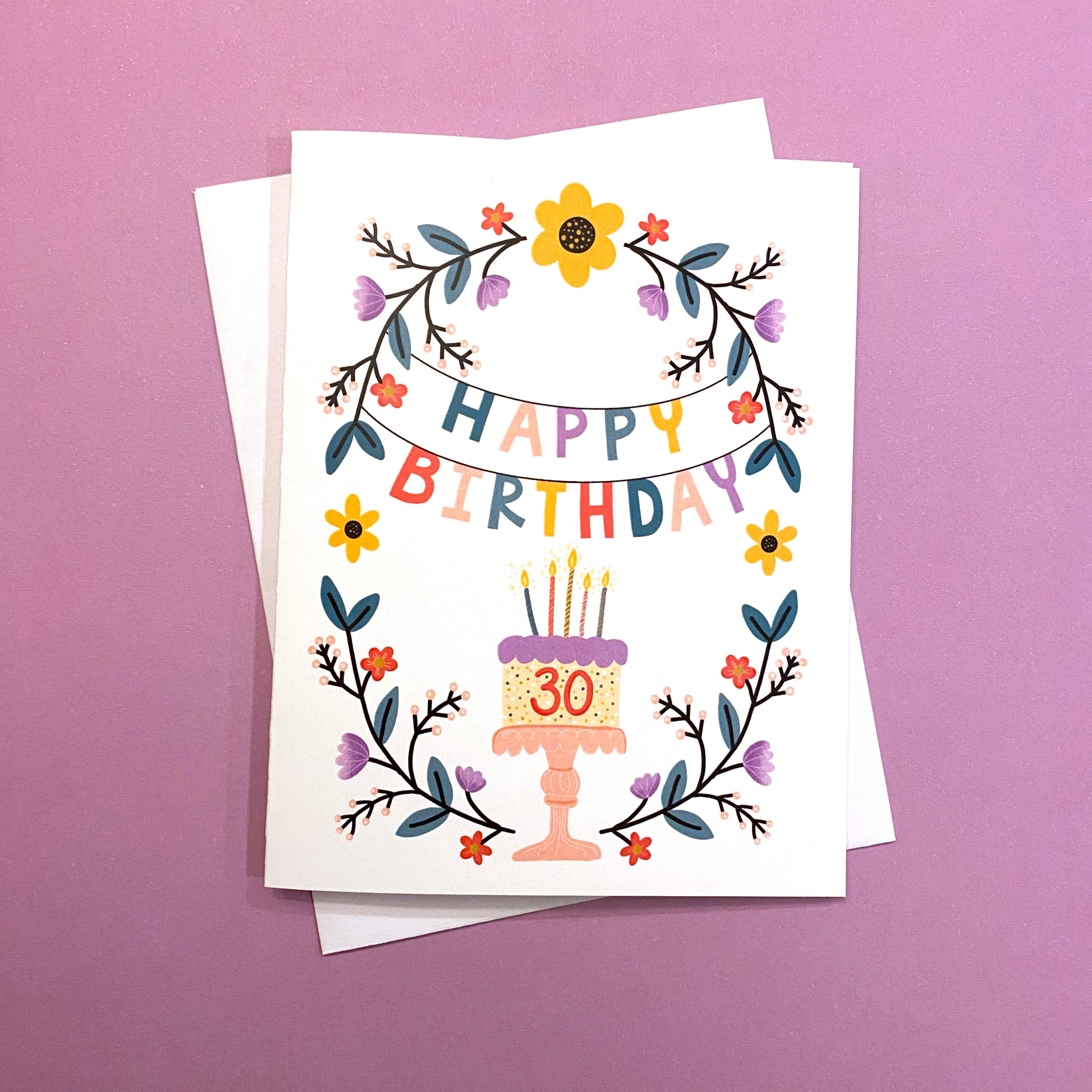 30th birthday greeting card with flowers and cake.