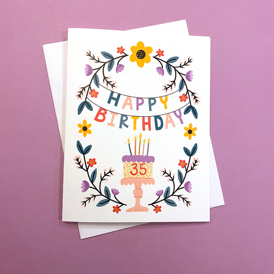 35th birthday greeting card with cake and flowers