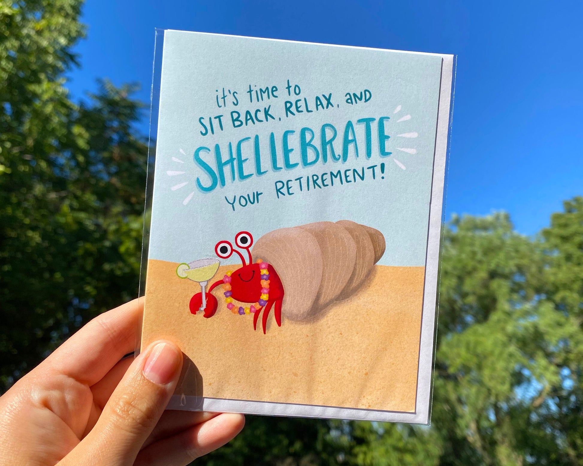 Tropical Crab Retirement Card that says &quot;it&#39;s time to site back, relax and shellebrate your retirement!
