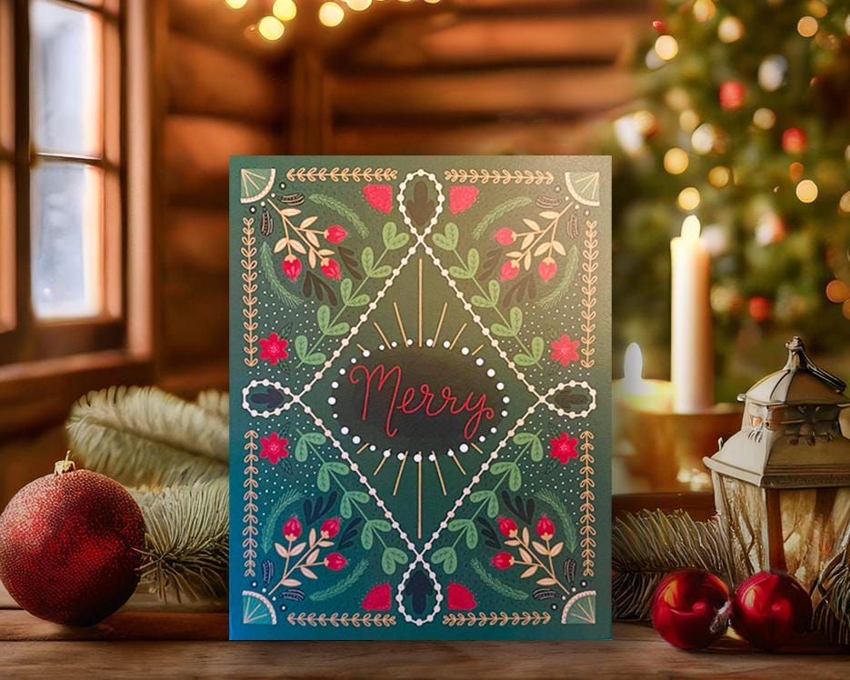 Luxury Christmas Greeting Card, Minimalist Christmas Card, Floral Christmas Cards, Hand Lettered Illustrated Floral Christmas cards
