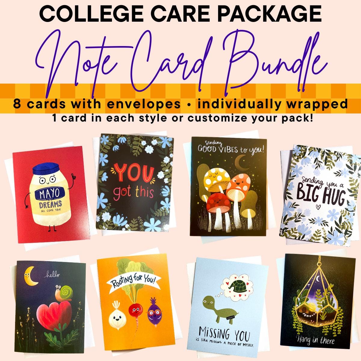 Miss You Cards For College Kid, College Care Package Note Cards Bundle Pack, Encouragement Cards for college freshman, Sending Hugs Card