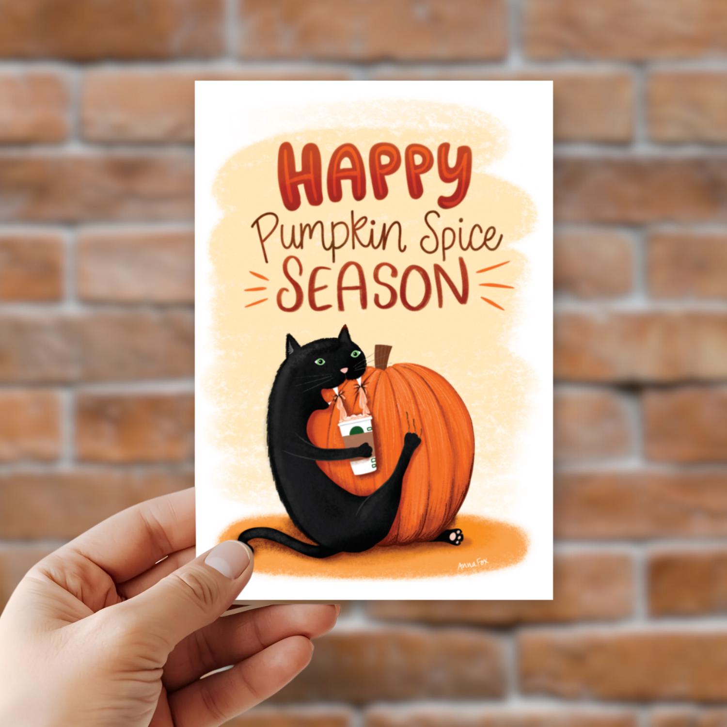 Pumpkin Spice Season Greeting Card; Funny Fall Cards, Black Cat