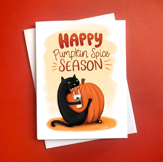 Pumpkin Spice Season Greeting Card; Funny Fall Cards, Black Cat