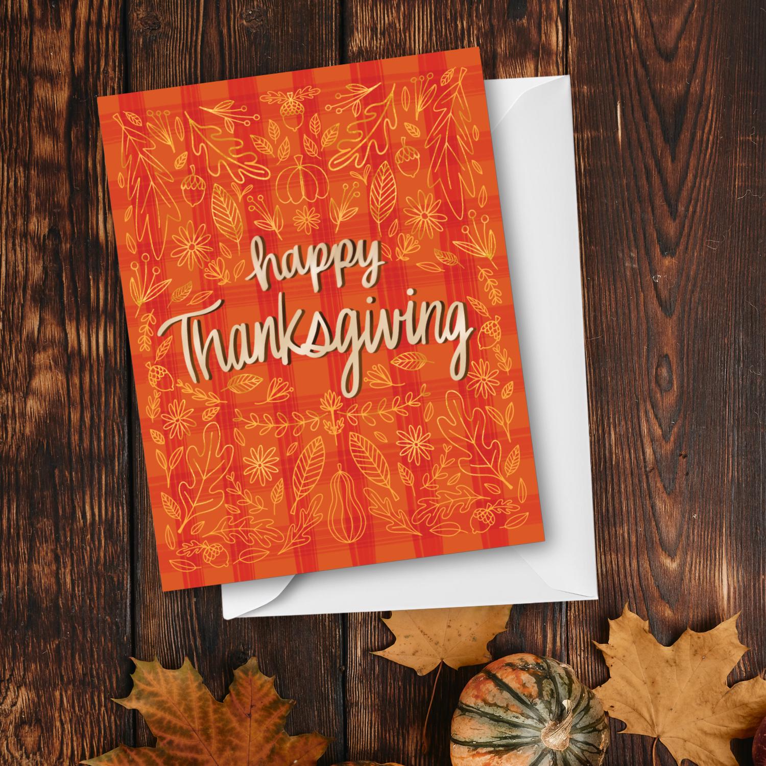 Thanksgiving Greeting Card: Red and Orange Plaid with gold pumpkins and autumn leaves