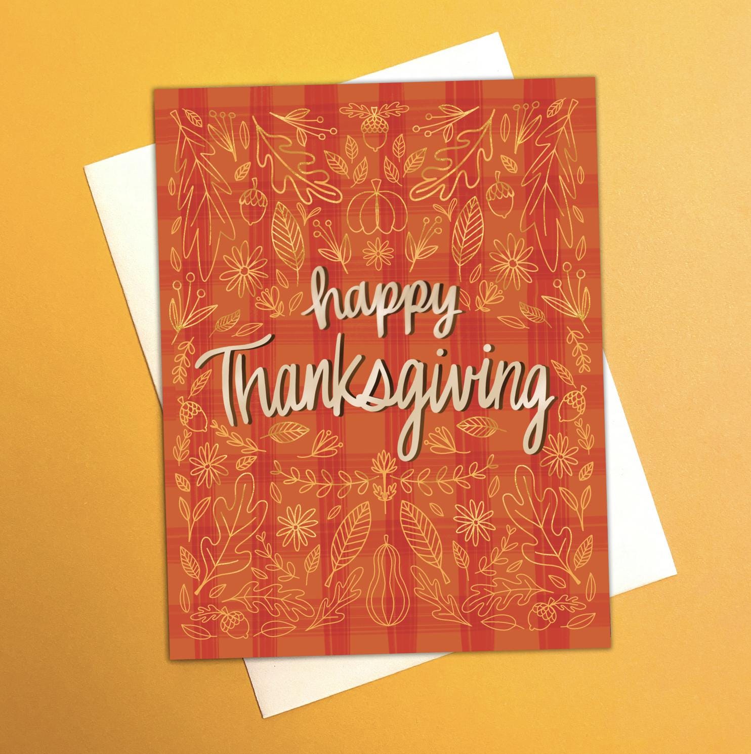 Thanksgiving Greeting Card: Red and Orange Plaid with gold pumpkins and autumn leaves