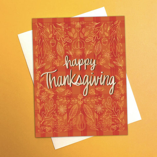 Thanksgiving Greeting Card: Red and Orange Plaid with gold pumpkins and autumn leaves