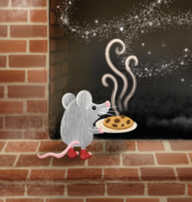 Night Before Christmas Greeting Card; Cute Holiday Mouse holding Santa's Cookies