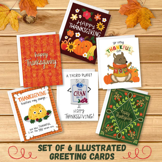 Thanksgiving Cards Set of 6, Fall lllustrated note cards with cozy autumn vibes