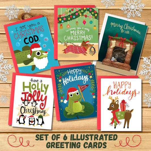Christmas Holiday Cards Set of 6 - whimsical holiday cards, animal greeting card set