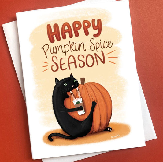 Pumpkin Spice Season Greeting Card; Funny Fall Cards, Black Cat