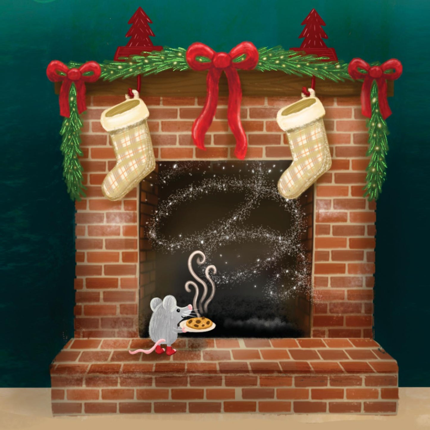 Night Before Christmas Greeting Card; Cute Holiday Mouse holding Santa's Cookies