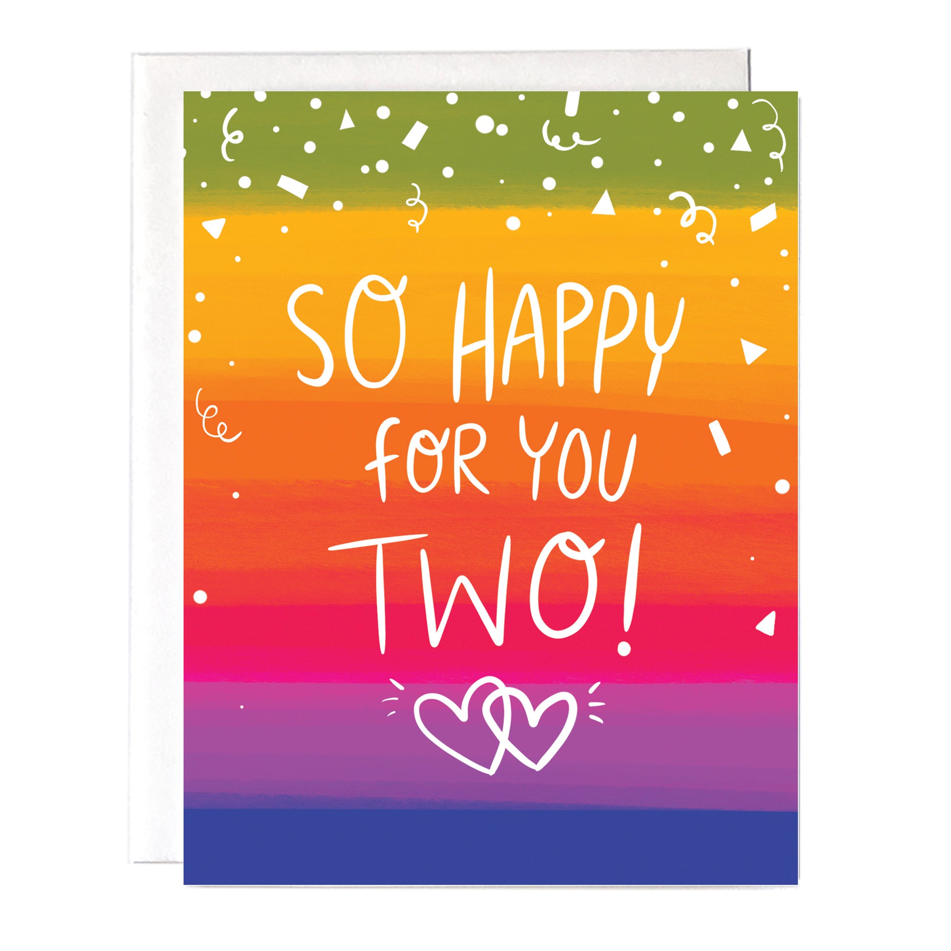 A greeting card with a colorful rainbow background with the words "So happy for you two" on the front. black inside size a2 greeting card with white envelope.